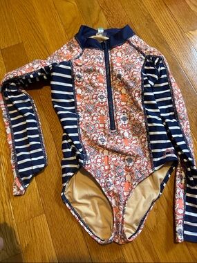 Cabana Life Girls' Navy & Coral Long-Sleeve One-Piece Swim